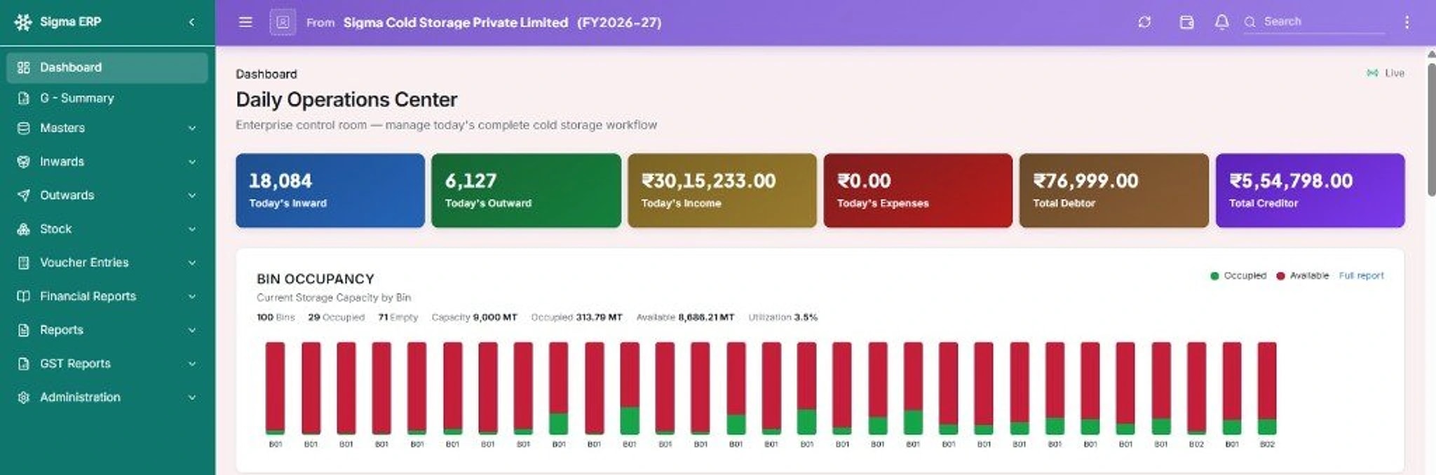 STORIX cold storage ERP dashboard