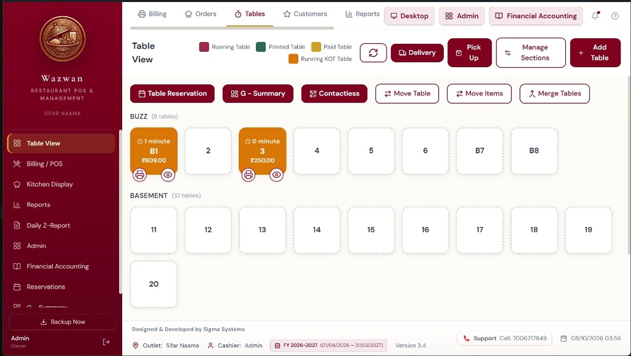 Wazwan restaurant POS table view with live running tables